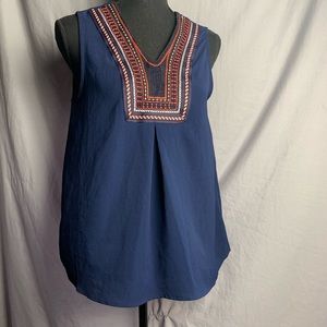 Embroidered Blue Sleeveless Monteau Blouse Large